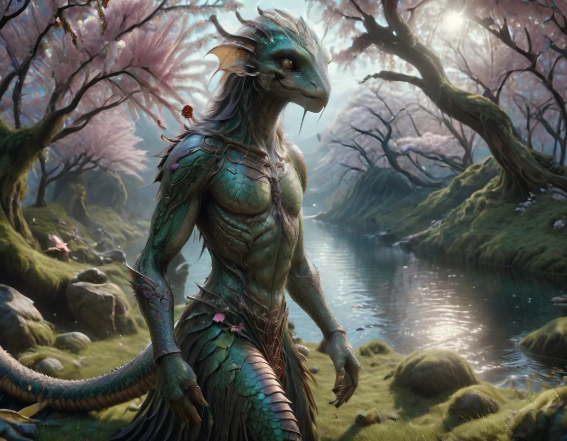 full body portrait of a realistic faint banded sea snake, cobra hybrid reptile, chartreuse green, grey, silver, black scales, mysterious lake scenery, cherry blossoms, Asia, full body, cinematic, render, 8k, unreal engine, realistic, masterpiece, high detail, full body, low life, volumetric lighting