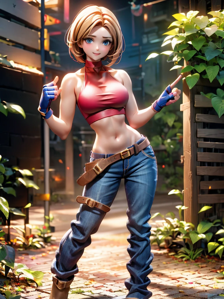 30 year old woman, alone, athletic, by the semi-cut ruby, she is wearing a tight red crop top, he wears blue jogger pants, has two belts, one small and the other a large belt hanging from his brown waist., wears blue fingerless gloves , he wears brown boots, smile at the viewer, points at the viewer, There is a little brown dog with white spots with her, high resolution, absurd, intricate, sharp focus, a New York alley in the background, Best Quality, Masterpiece, high resolution, Perfect picture, Very detailed, High contrast, Digital colors, simple, medium shot, cinematographic, ultra sharp focus, award-winning photography, perFect contrast, high sharpness, depth of field, ultra detailed photography, global illumination, fluid, ultra high definition, 8k, unreal engine 5, ultra-sharp focus, award-winning photography, Art Season Trends,
