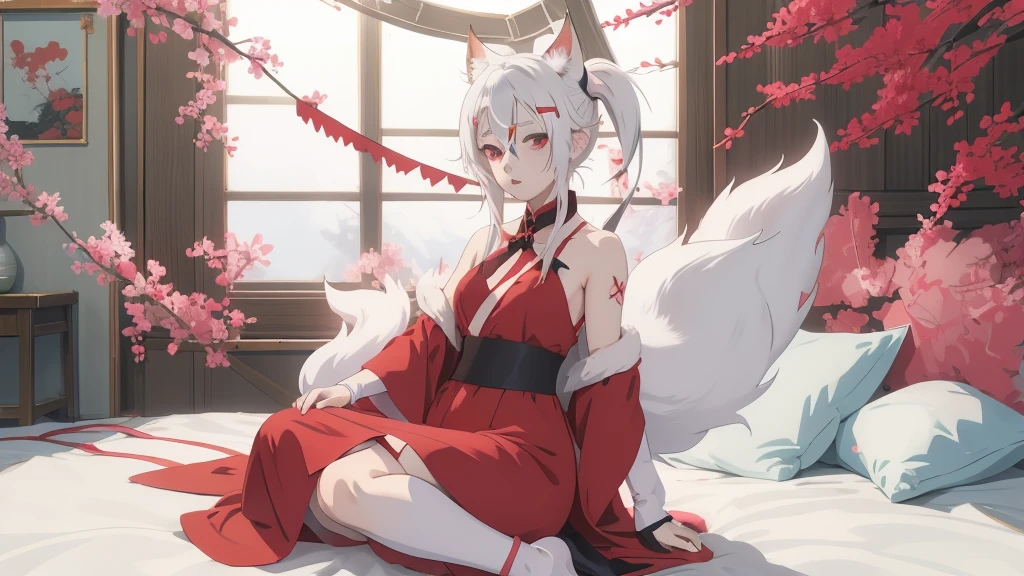 anime girl in red dress with white hair and black eye patch, an anime drawing by Shitao, pixiv, shin hanga, nyaruko-san, shirabii, white - haired fox, haruno sakura, neferpitou, anime full body illustration, cute anime catgirl, in dress, anime catgirl, zerochan art