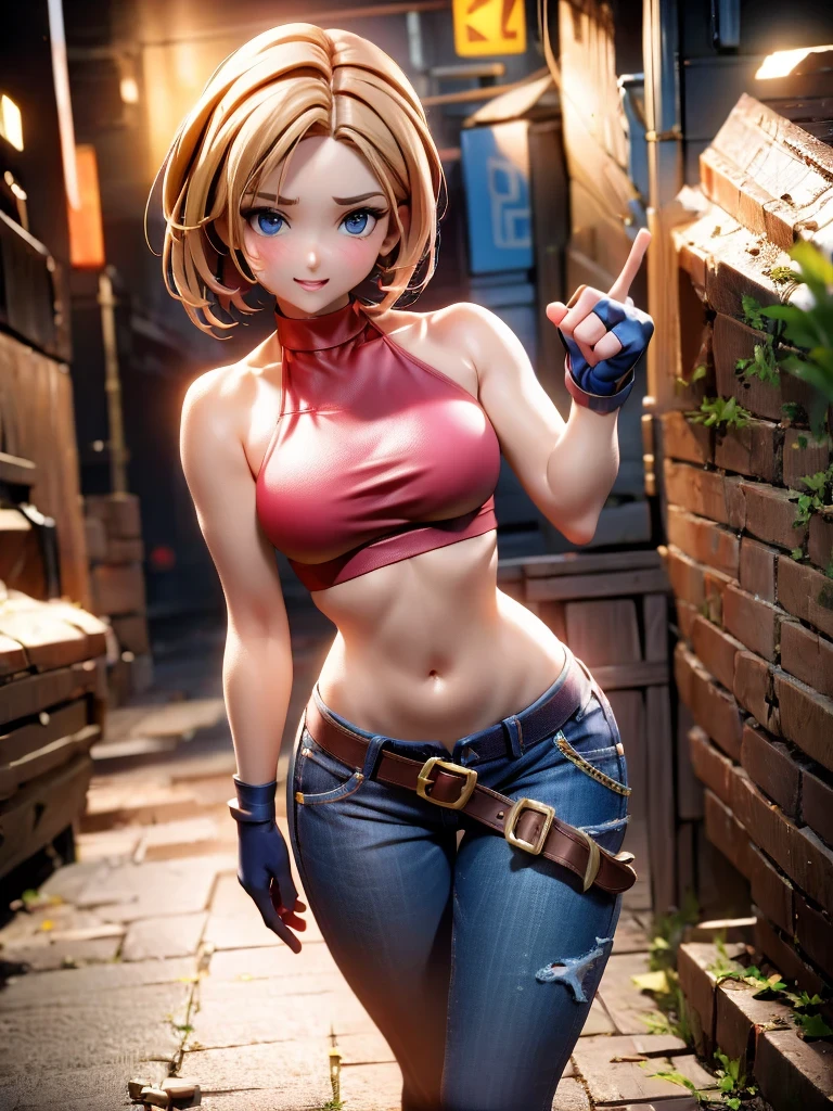 30 year old woman, alone, athletic, by the semi-cut ruby, she is wearing a tight red crop top, he wears blue jogger pants, has two belts, one small and the other a large belt hanging from his brown waist., wears blue fingerless gloves , he wears brown boots, smile at the viewer, points at the viewer, There is a little brown dog with white spots with her, high resolution, absurd, intricate, sharp focus, a New York alley in the background, Best Quality, Masterpiece, high resolution, Perfect picture, Very detailed, High contrast, Digital colors, simple, medium shot, cinematographic, ultra sharp focus, award-winning photography, perFect contrast, high sharpness, depth of field, ultra detailed photography, global illumination, fluid, ultra high definition, 8k, unreal engine 5, ultra-sharp focus, award-winning photography, Art Season Trends,
