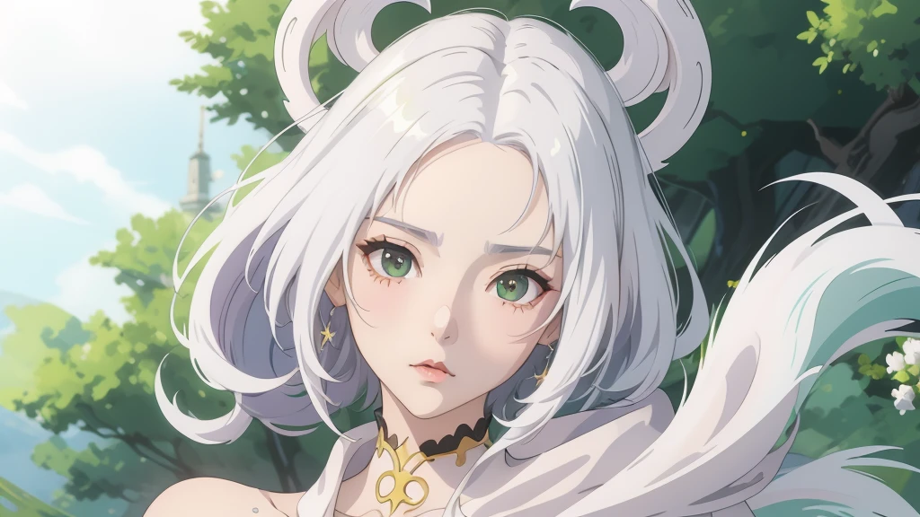 there is a woman with white hair and green eyes posing, wlop loish and clamp style, artwork in the style of guweiz, loish and wlop, wlop art, the style of wlop, intricate wlop, wlop glossy skin, art of wlop, stunning anime face portrait, detailed digital anime art, in style of wlop