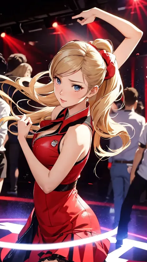 Masterpiece, dynamic shot, (multiple characters), 20 year old girl, ann takamaki dancing in a club, surrounded by men, revealing...