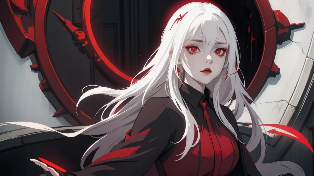 there is a woman with white hair and red eyes wearing a tiable, with glowing red eyes, artwork in the style of guweiz, luminous red eyes, with red glowing eyes, cute face. dark fantasy, gothic princess portrait, girl with white eyes, gothic fantasy art, gothic girl face, with red eyes, vampire portrait, wlop art, glowing red eyes