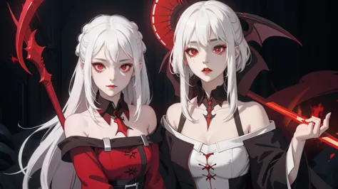 there is a woman with white hair and red eyes wearing a tiable, with glowing red eyes, artwork in the style of guweiz, luminous ...