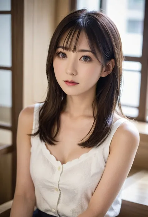 28 years old、Japan housewives、The eyes are narrow and sharp、Straight hair slightly longer than shoulders、living