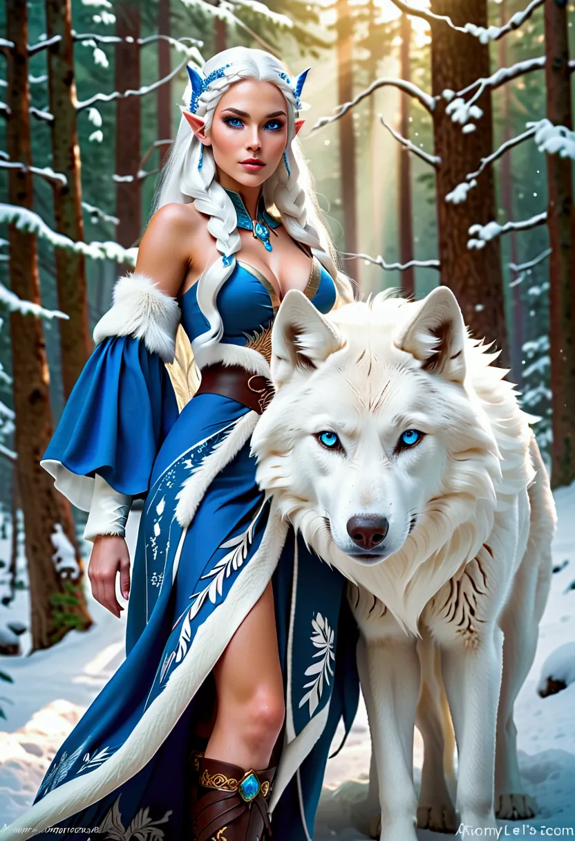 araffe elf woman in blue dress with white wolf in snowy forest, white fur and anthropomorphic wolf, blue wolf, goddess of winter...