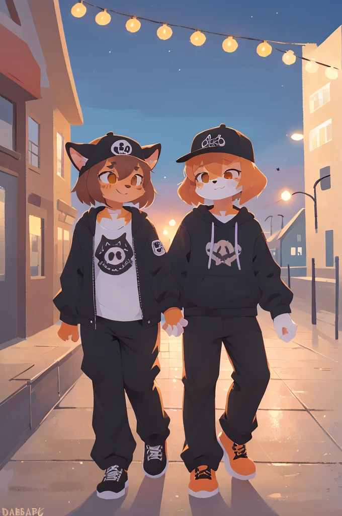 orange cat, dabbing, furry, anthro, athletic clothes, backwards hat, orange tabby, 1male, boardwalk, sfw, dab, chest fluff, brown hair, holding hands, 1girl, canine, female dog, female canine, floppy ears, black fur, long pants, goth clothes, goth dog girl, doggirl, 