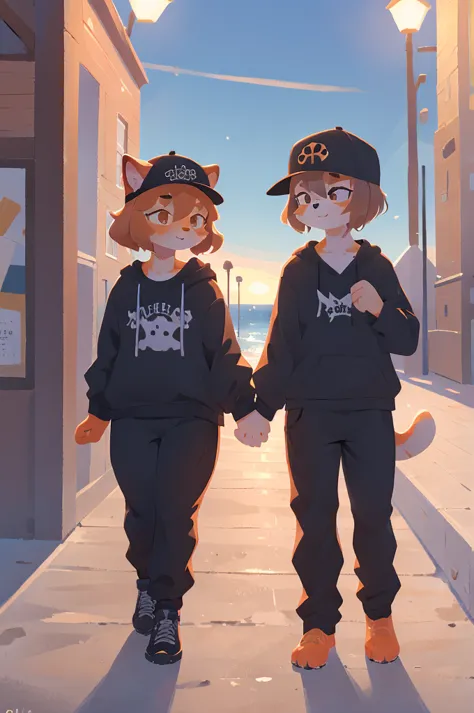 orange cat, dabbing, furry, anthro, athletic clothes, backwards hat, orange tabby, 1male, boardwalk, sfw, dab, chest fluff, brow...