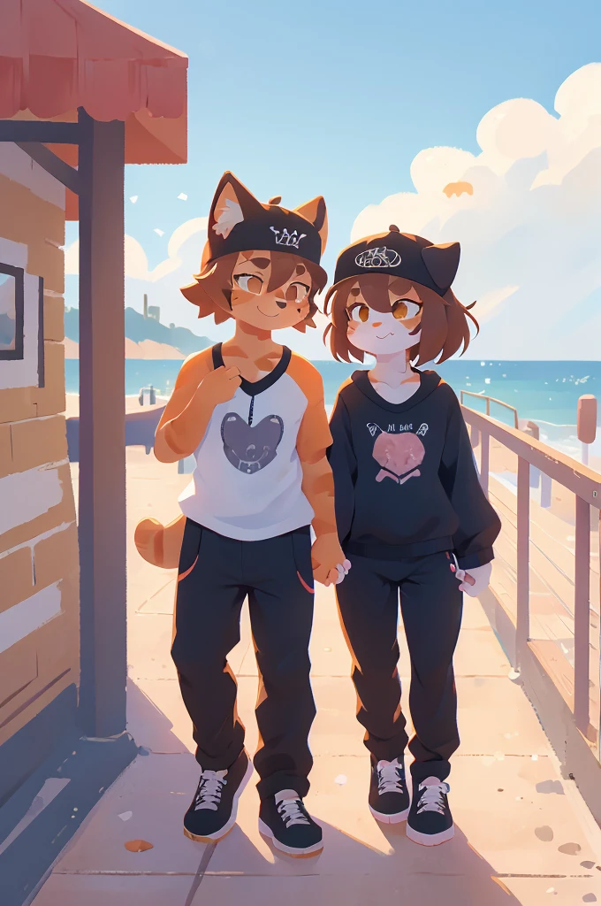 orange cat, dabbing, furry, anthro, cat in athletic clothes, backwards hat, orange tabby, 1male, boardwalk, sfw, dab, chest fluff, brown hair, holding hands, 1girl, canine, female dog, female canine, floppy ears, black fur, long pants, goth clothes, goth dog girl, doggirl, tripp pants