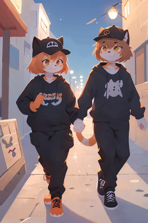 orange cat, dabbing, furry, anthro, cat in athletic clothes, backwards hat, orange tabby, 1male, boardwalk, sfw, dab, chest fluf...