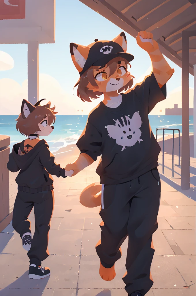 orange cat, dabbing, furry, anthro, cat in athletic clothes, backwards hat, orange tabby, 1male, boardwalk, sfw, dab, chest fluff, brown hair, holding hands, 1girl, canine, female dog, female canine, floppy ears, black fur, long pants, goth clothes, goth dog girl, doggirl, tripp pants