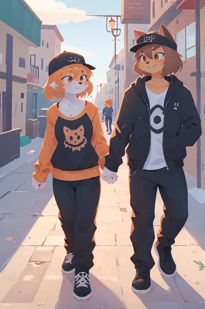 orange cat, dabbing, furry, anthro, cat in athletic clothes, backwards hat, orange tabby, 1male, boardwalk, sfw, dab, chest fluff, brown hair, holding hands, 1girl, canine, female dog, female canine, floppy ears, black fur, long pants, goth clothes, goth dog girl, doggirl, tripp pants