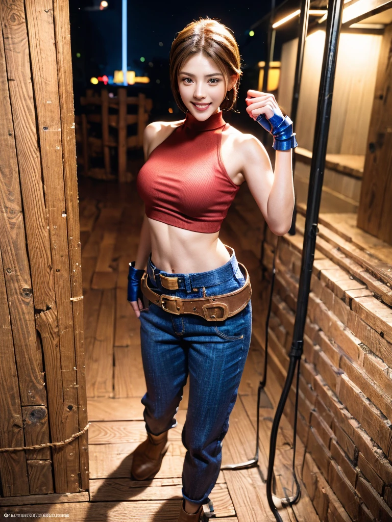 30 year old woman, alone, athletic, by the semi-cut ruby, she is wearing a tight red crop top, he wears blue jogger pants, has two belts, one small and the other a large belt hanging from his brown waist., wears blue fingerless gloves , he wears brown boots, smile at the viewer, points at the viewer, There is a little brown dog with white spots with her, high resolution, absurd, intricate, sharp focus, a New York alley in the background, Best Quality, Masterpiece, high resolution, Perfect picture, Very detailed, High contrast, Digital colors, simple, medium shot, cinematographic, ultra sharp focus, award-winning photography, perFect contrast, high sharpness, depth of field, ultra detailed photography, global illumination, fluid, ultra high definition, 8k, unreal engine 5, ultra-sharp focus, award-winning photography, Art Season Trends,
