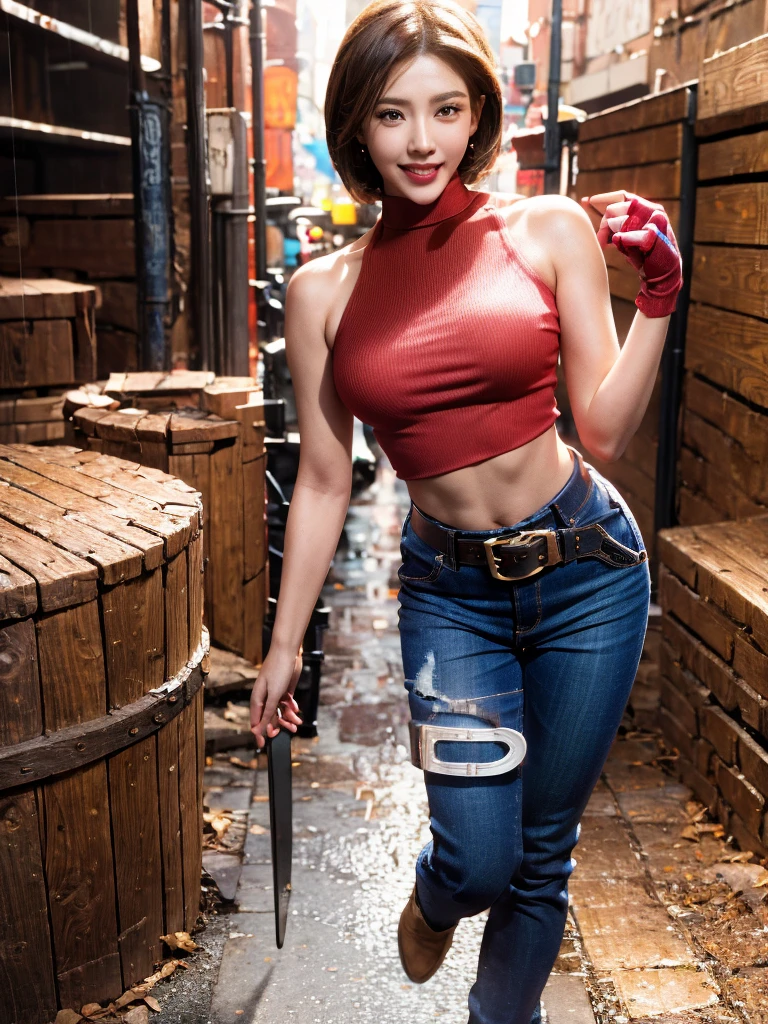 30 year old woman, alone, athletic, by the semi-cut ruby, she is wearing a tight red crop top, he wears blue jogger pants, has two belts, one small and the other a large belt hanging from his brown waist., wears blue fingerless gloves , he wears brown boots, smile at the viewer, points at the viewer, There is a little brown dog with white spots with her, high resolution, absurd, intricate, sharp focus, a New York alley in the background, Best Quality, Masterpiece, high resolution, Perfect picture, Very detailed, High contrast, Digital colors, simple, medium shot, cinematographic, ultra sharp focus, award-winning photography, perFect contrast, high sharpness, depth of field, ultra detailed photography, global illumination, fluid, ultra high definition, 8k, unreal engine 5, ultra-sharp focus, award-winning photography, Art Season Trends,
