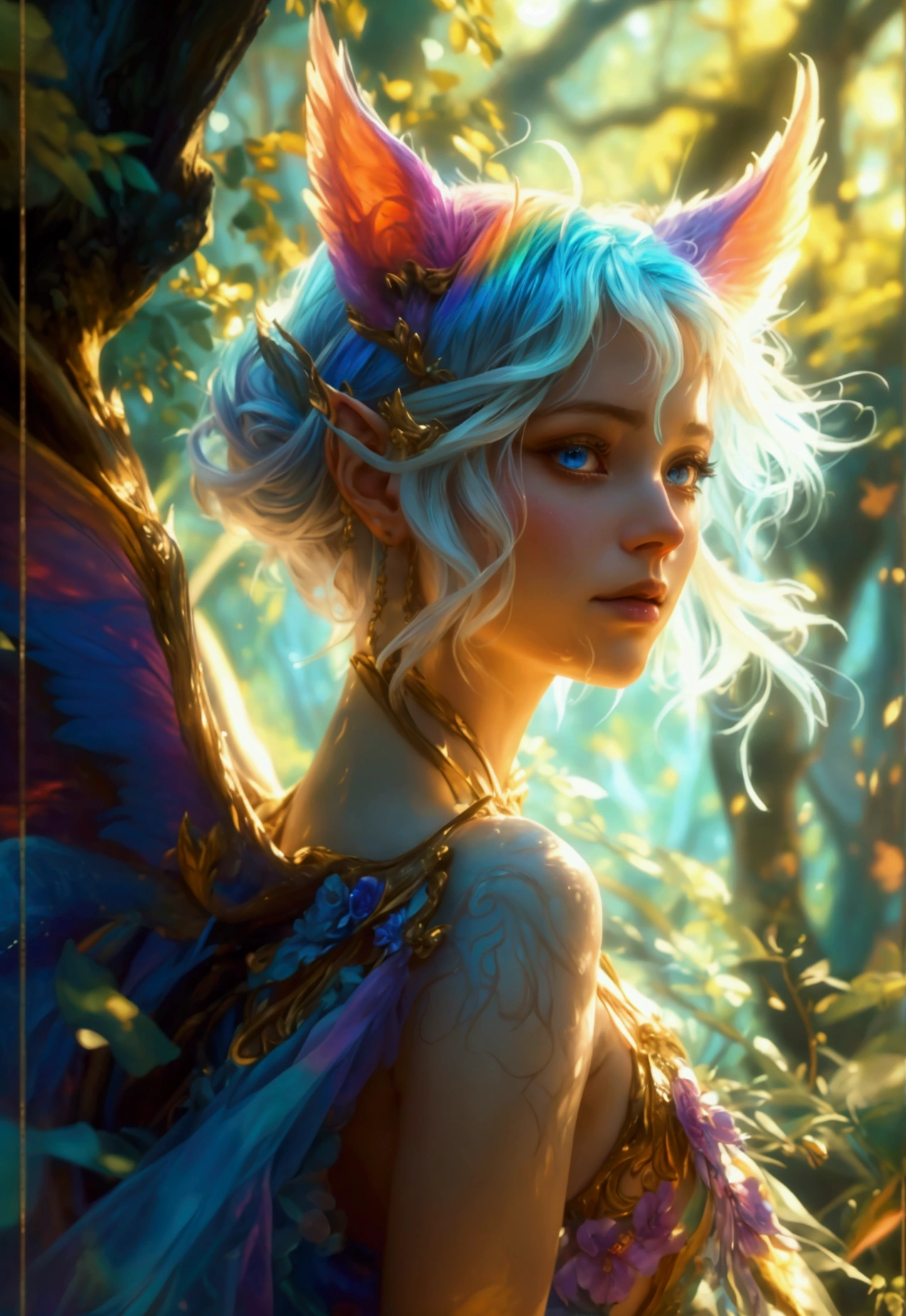 A beautiful, enchantingly elusive humanoid faunus woman, every aspect exudes magic in the midst of danger: shimmering rainbow fur, ethereal golden horn, and eyes that seem to hold the secrets of the universe. The mystical creature is surrounded by a lush, enchanted forest, bathed in the soft light of the setting sun, creating a dreamlike atmosphere that transports viewers to a realm of fantasy and wonder. This breathtaking image is a digital painting that captures the essence of the mythical creature with stunning detail and masterful technique, making it a truly mesmerizing work of art.