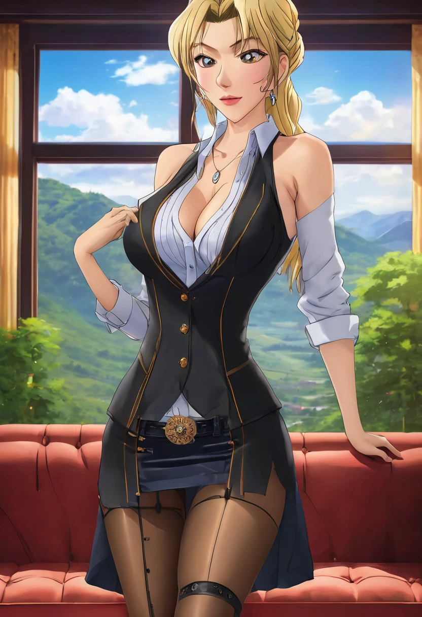 (masterpiece, best quality:1.2), ((Extremely detailed)), high resolution, Anime style , photo, photography, Detailed background,1. Beautiful woman Lei Dianming, (Pantyhose), boots,Cowboy shooting, Looking at the audience,A faint smile, earrings, skirt, Necklace, Vest, Cross your legs, From below, On the sofa, Windows, living room,Anime style，blond