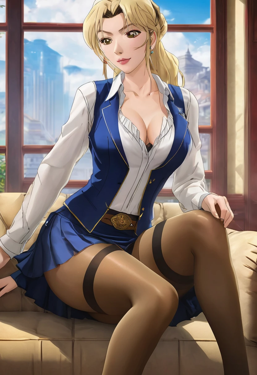 (masterpiece, best quality:1.2), ((Extremely detailed)), high resolution, Anime style , photo, photography, Detailed background,1. Beautiful woman Lei Dianming, (Pantyhose), boots,Cowboy shooting, Looking at the audience,A faint smile, earrings, skirt, Necklace, Vest, Cross your legs, From below, On the sofa, Windows, living room,Anime style，blond