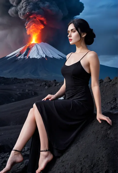 core_9, score_8_up, score_7_up, score_6_up, Goddess woman, laziness in the eyes, black hair black dress, volcano in the backgrou...