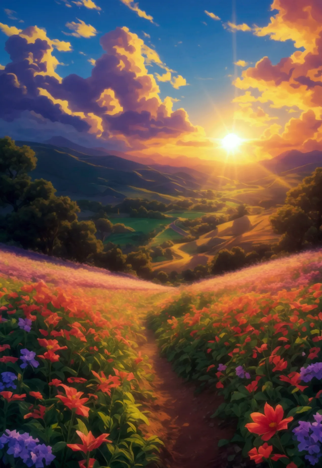 Create a realistic landscape with a shining sun and beautiful flower fields。