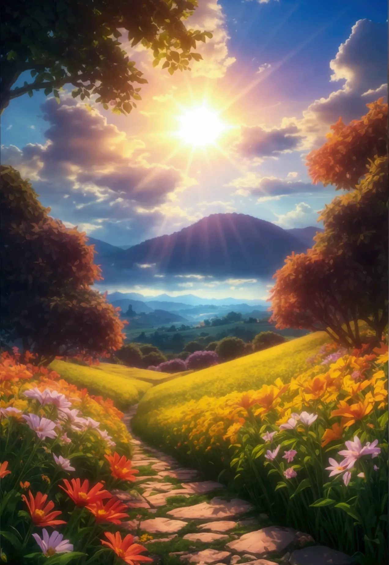 Create a realistic landscape with a shining sun and beautiful flower fields。