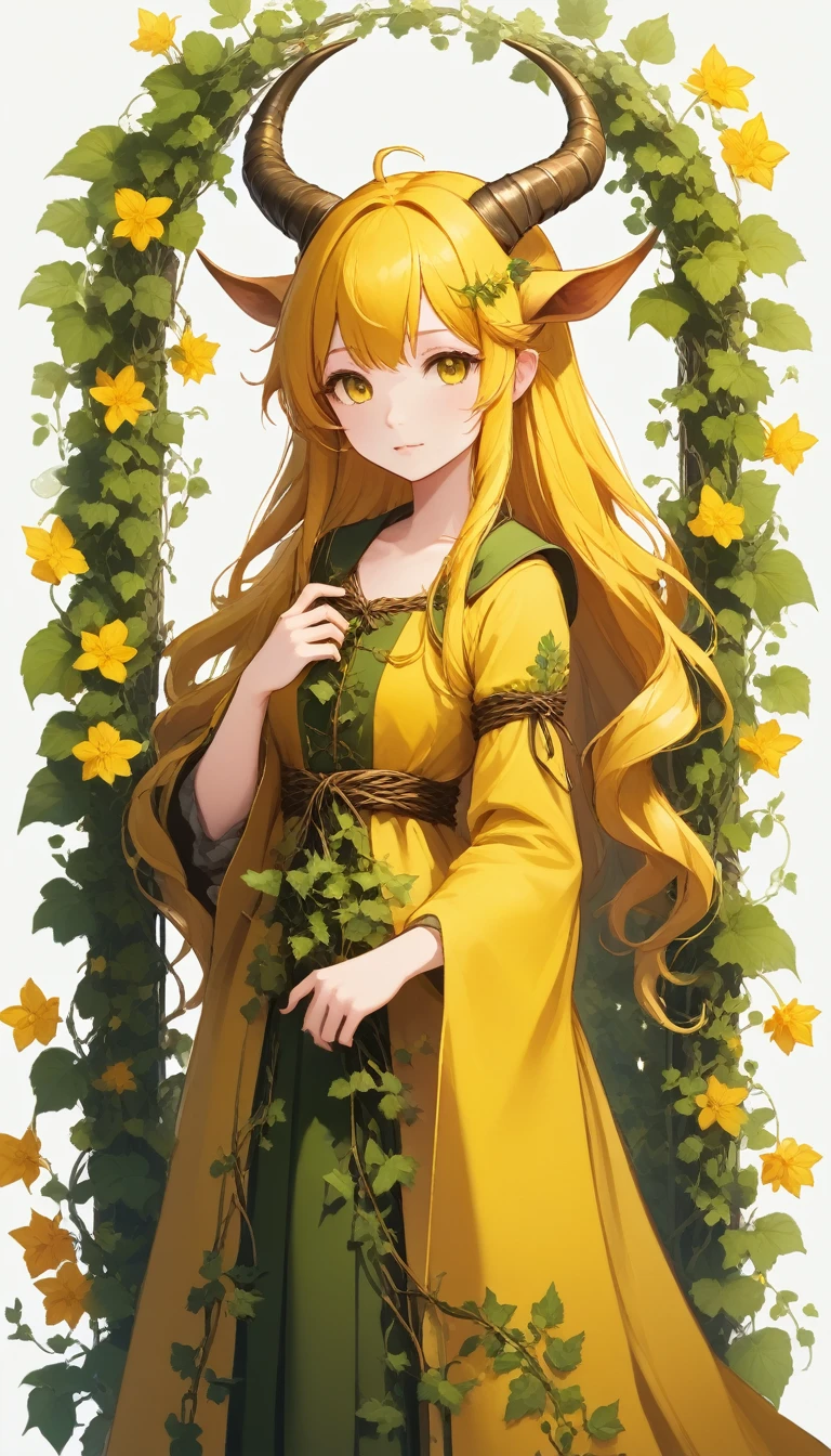 score_9, score_8_up, score_7_up, score_6_up, score_5_up, score_4_up, BREAK source_anime, yellow medieval summer girl, concept, vines on the hand and horns from vines, full length