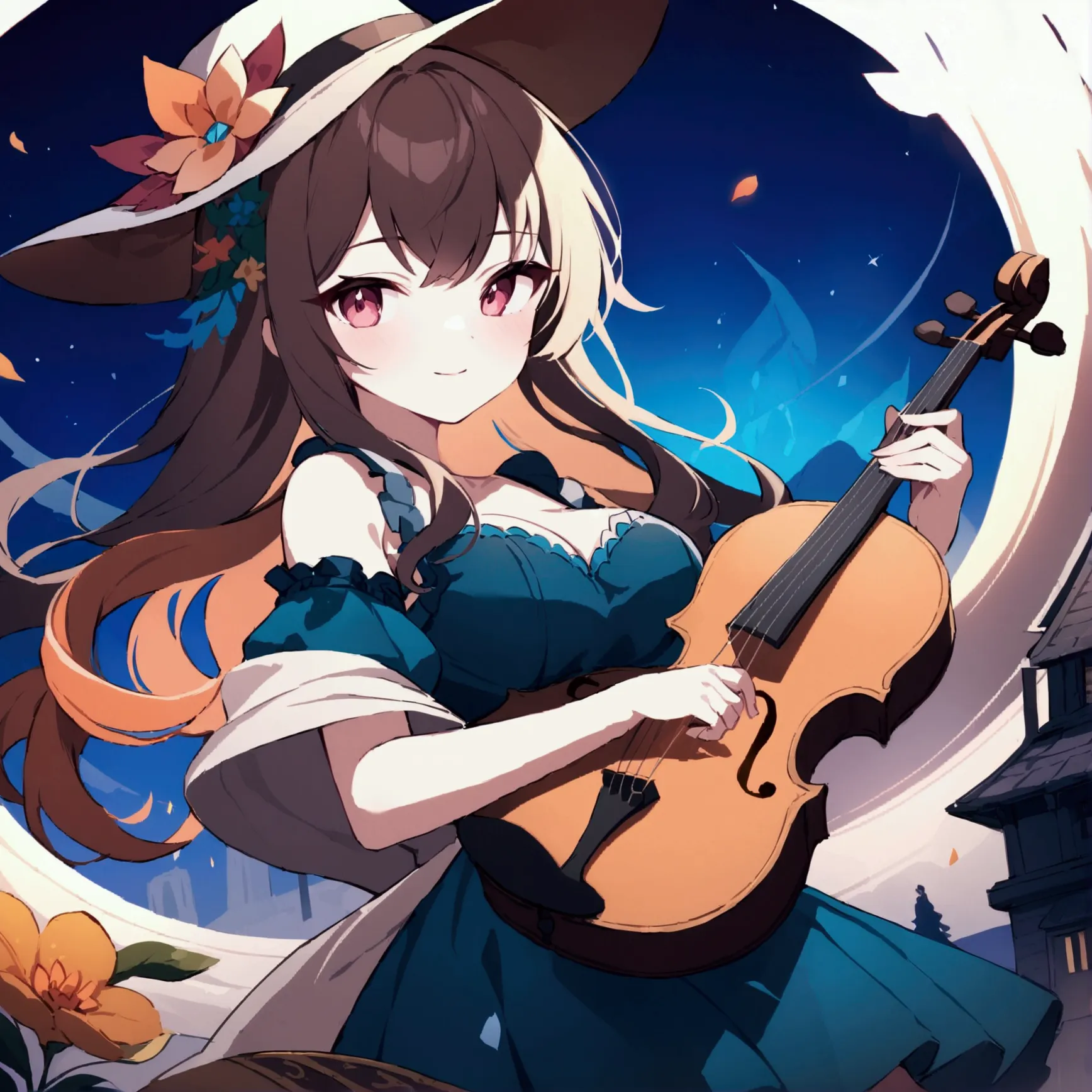 holding a violin, wearing big flower hat