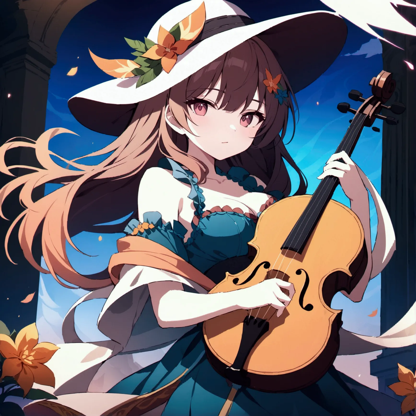 holding a violin, wearing big flower hat