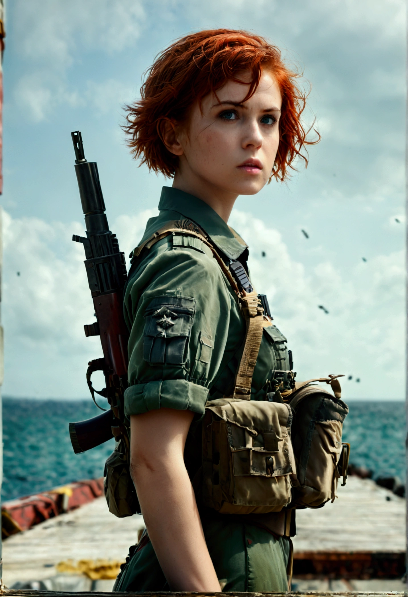 Absurd resolution, high resolution, (masterpiece: 1.4), hyper-detail, weapons testing site at an empty dock by the sea, 1 young woman, short red hair, soldier costume, very serious expression