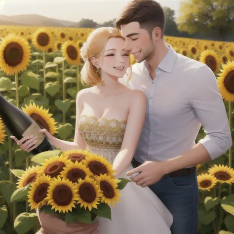 couple celebrating a birthday in front of a champagne tower decorated with sunflowers