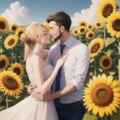 couple celebrating a birthday in front of a champagne tower decorated with sunflowers