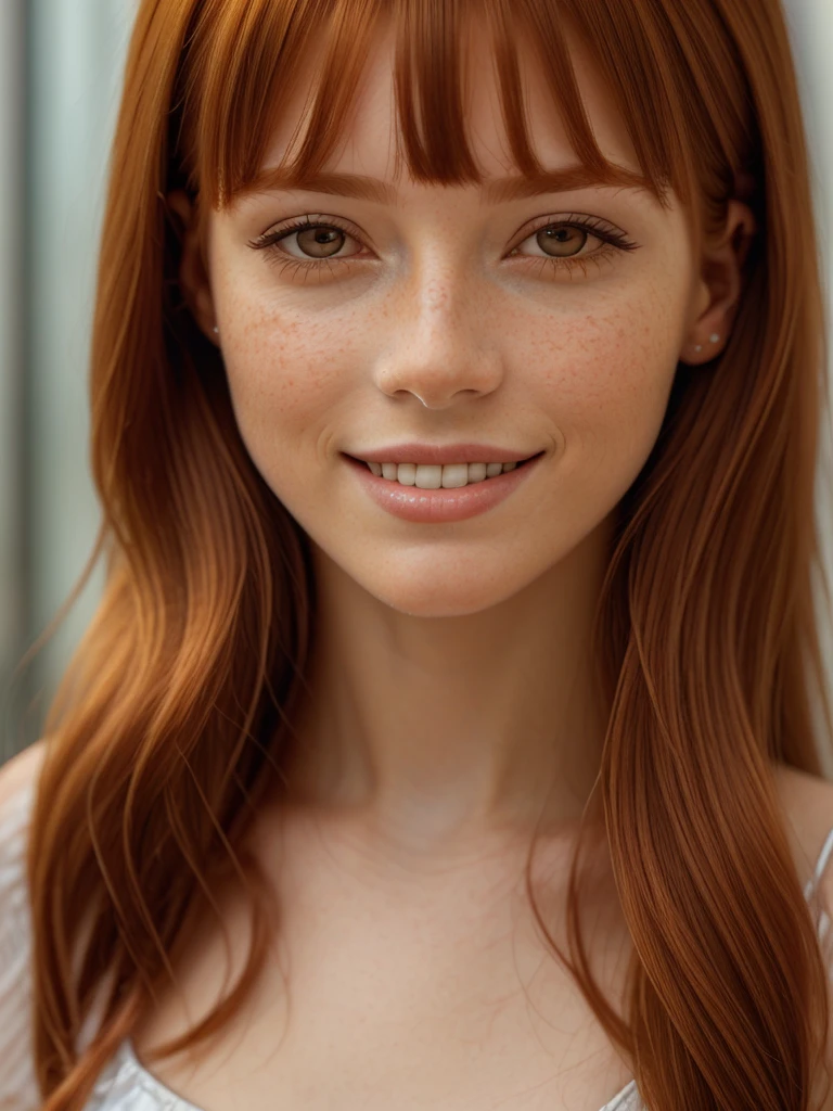 (photo realism, masterpiece, hyper realistic:1.7), (beautiful, aesthetic, perfect, delicate, intricate:1.2), cute and adorable adult ginger woman, (medium bob ginger orange hair with bangs:1.3, wide smile showing white teeth. candy and sweet theme. mascara and (Cleopatra eyeliner:1.4), face closeup, face focus, sweet smile, face full of (freckles:.8), (cowboy shot:1.3), (small, thin and narrow eyes:1.6). (large bangs:1.3)