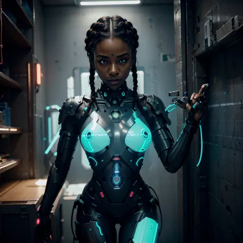 a black woman, robotic hand holding a cellphone, hand made of metal and neon wires, braided hair, highly detailed, photorealisti...