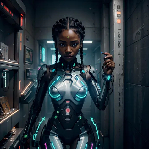 a black woman, robotic hand holding a cellphone, hand made of metal and neon wires, braided hair, highly detailed, photorealisti...