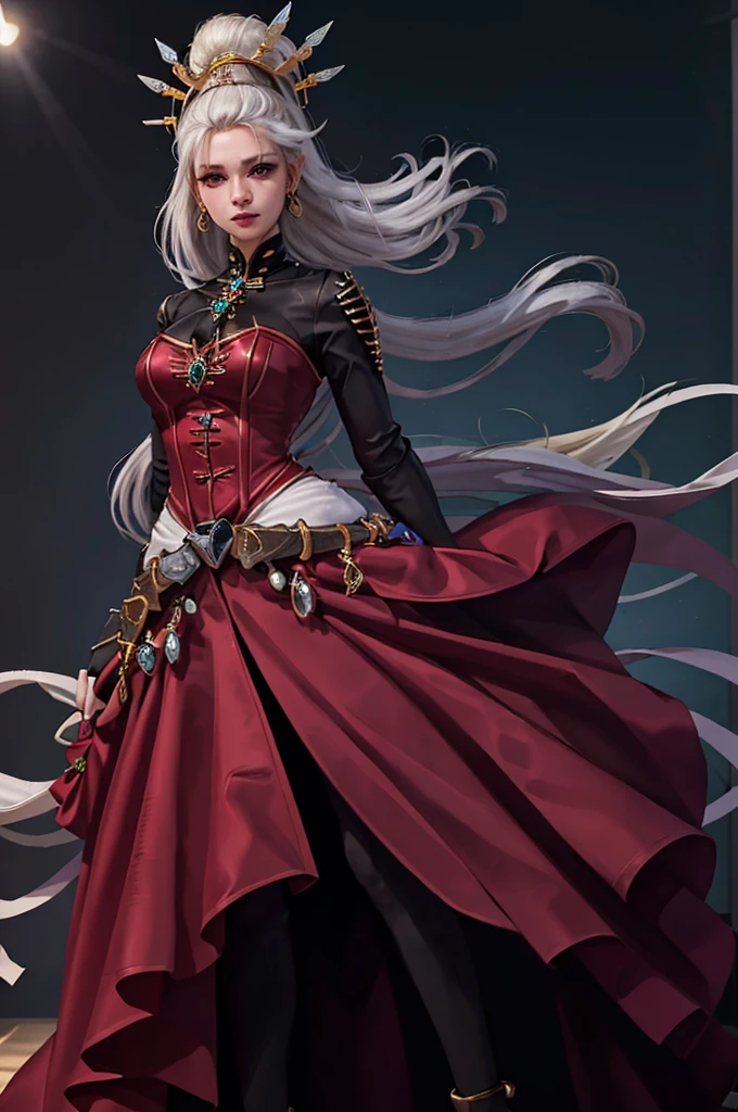 8K,highres,absurdres,masterpiece,best quality,original,extremely detailed CG,extremely detailed wallpaper,perfect lighting,1girl,blurry_background,looking_at_viewer,standing on the stage,
yvraine,long hair,jewelry,very long hair,ponytail,white hair,earrings,