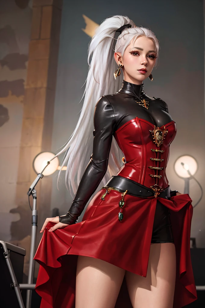 8K,highres,absurdres,masterpiece,best quality,original,extremely detailed CG,extremely detailed wallpaper,perfect lighting,1girl,blurry_background,looking_at_viewer,standing on the stage,
yvraine,long hair,jewelry,very long hair,ponytail,white hair,earrings,