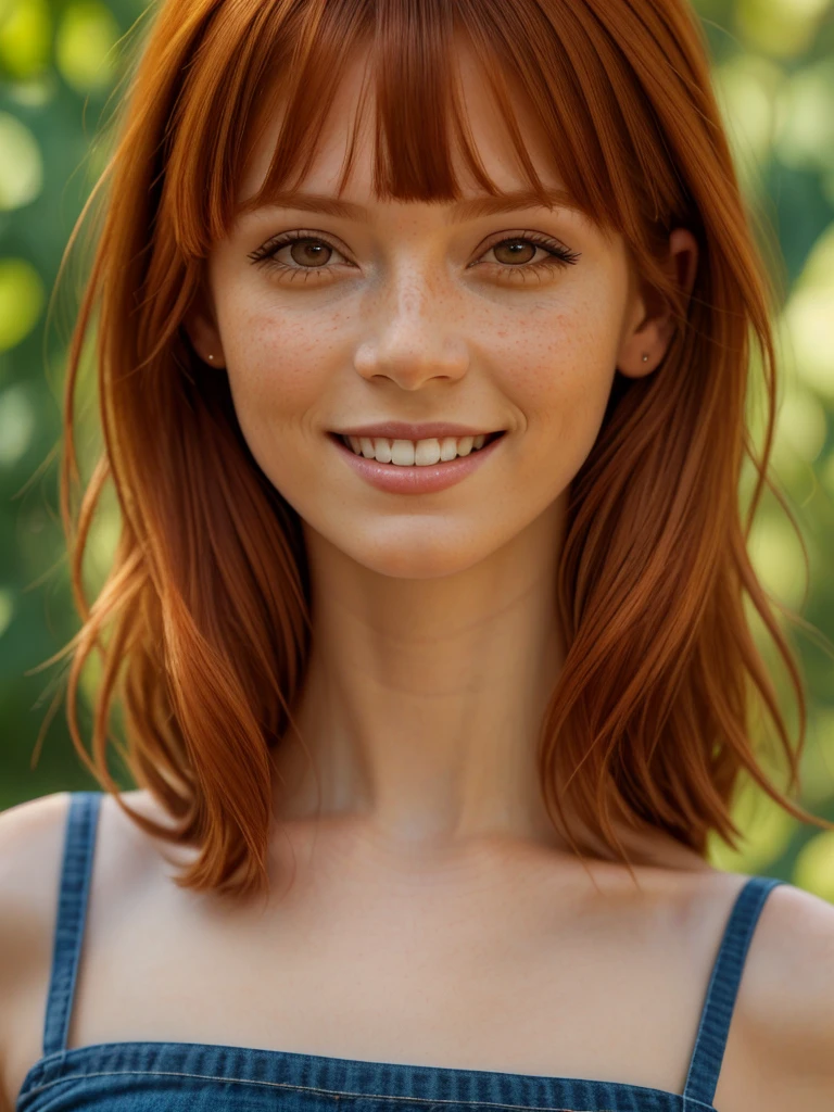 (photo realism, masterpiece, hyper realistic:1.7), (beautiful, aesthetic, perfect, delicate, intricate:1.2), cute and adorable adult ginger woman, (medium bob ginger orange hair with bangs:1.3, wide smile showing white teeth. candy and sweet theme. mascara and (massive eyeliner flicks:1.4), face closeup, face focus, sweet smile, face full of (freckles:.8), (cowboy shot:1.3), (thin and narrow eyes:1.6). (large bangs:1.3)