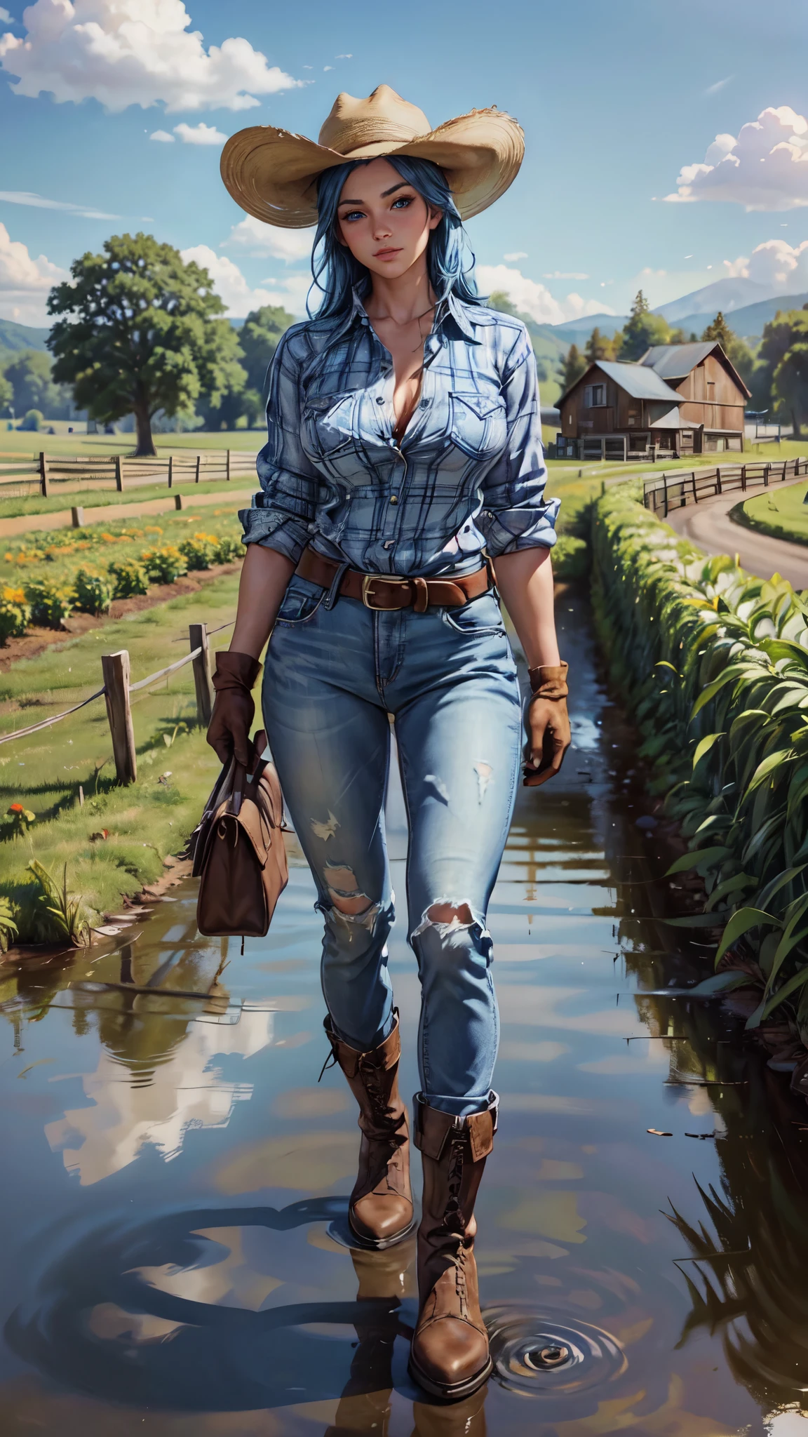 Masterpiece, art, full body shot, young beautiful girl, flawless skin, textured skin, medium firm breasts, perfect proportions, cowgirl, plaid shirt, jeans, boots, hat, gloves, farmhouse, sunshine, blue sky, pumpkin patch, anime, sexy, erotic, UHD resolution, realistic detail, realistic reflections, realistic shadows, 3D, long blue hair, big blue eyes