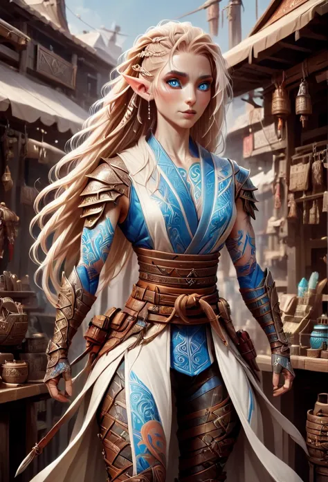 d&d character art. athletic slender female elf. colorful tribal and rune tattoos, 150cm in hight, big blue eyes,long wild blond ...