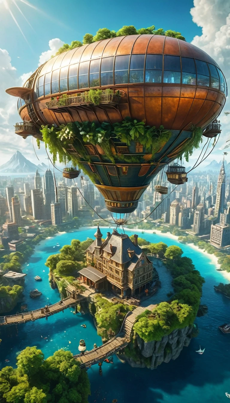 Many islands are floating in the air, A small tourist airship is flying around, City, Fantasy, A magical plant grows, Extreme Detail, Realistic Light, A magnificent composition, (Intricate details), (Intricate Design, Super detailed :1.2), Art Station, (masterpiece, Highest quality), Ultra HD, 32K  (Close-up portrait of 40yo beautiful very sexy cyberpunk girl is smiling at viewers:1.1)