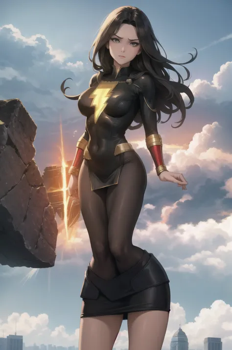 masterpiece, best quality,  mary marvel, black dress, red skirt, long sleeves, bracer, large breasts, skintight, wide hips, lean...