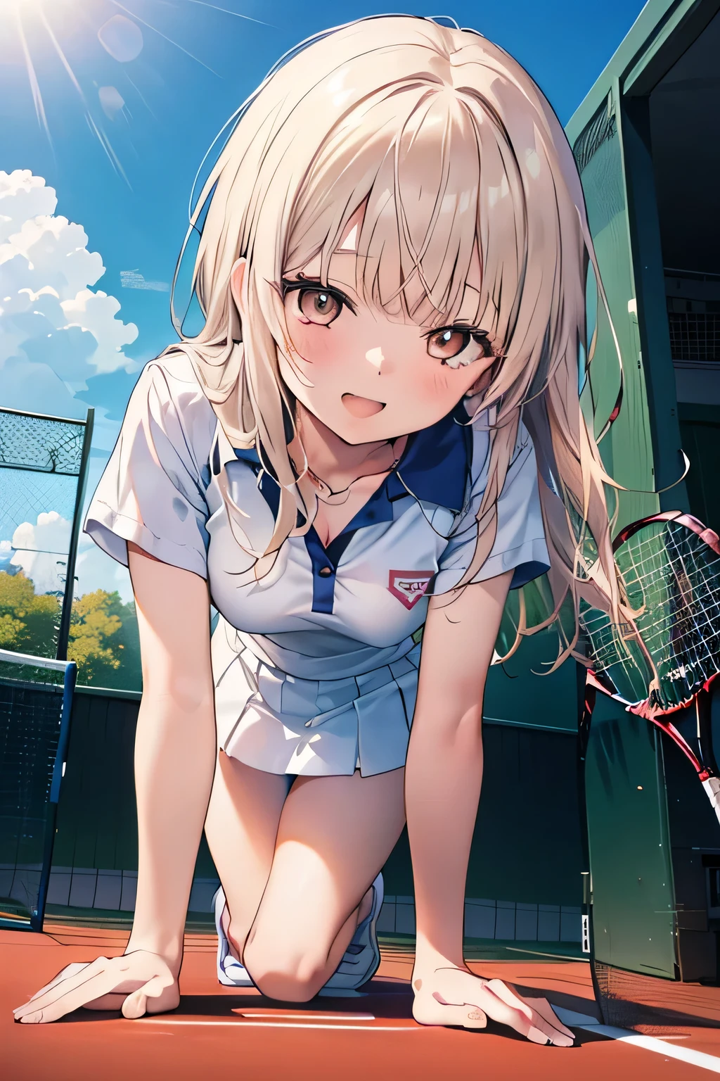 1 Mädchen ,(Shiina Mahiru,Mahiru Shiina), lange Haare,bangs,happy lächeln, lächeln, Öffne deinen Mund,((Nicht für die Arbeit geeignet,Voll,Tennisbekleidung,weißes Hemd,Weißer Minirock,Höschen SCHUSS,weiße Höschen)),Echter Sommer,Tageszeit,Sonnig,Meine Haare wehen im Wind,ganzer Körperがイラストに入るように,schlanker Körper,
brechen outdoors, Schule,Tennisplatz,
brechen looking at viewer,schöne Brüste,weite Öffnung,mittlere Brust,ganzer Körper,((Höschen SCHUSS,auf allen Vieren,Winkel von unten))
brechen (Meisterwerk:1.2), höchste Qualität, Hohe Auflösung, Einheit 8k Hintergrundbild, (Form:0.8), (schöne Details:1.6), sehr detailliertes Gesicht, Perfekte Beleuchtung, extrem detaillierte CG, (perfekte Hände, Perfekte Anatomie), 