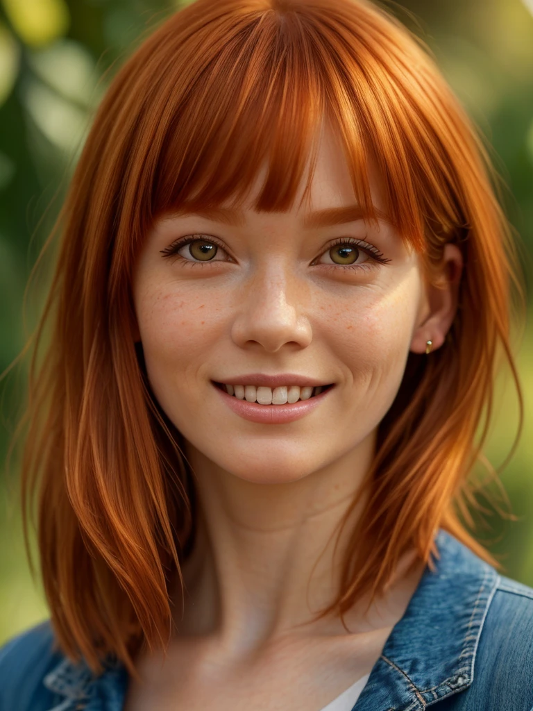 (photo realism, masterpiece, hyper realistic:1.7), (beautiful, aesthetic, perfect, delicate, intricate:1.2), cute and adorable adult ginger woman, (medium bob ginger orange hair with bangs:1.3), wide smile showing white teeth. mascara and (massive eyeliner flicks:1.4), face closeup, face focus, sweet smile, face full of (freckles:.8), (cowboy shot:1.3), (thin and narrow eyes:1.6). (large bangs:1.3), (stylish and thick eyebrows:1.5)