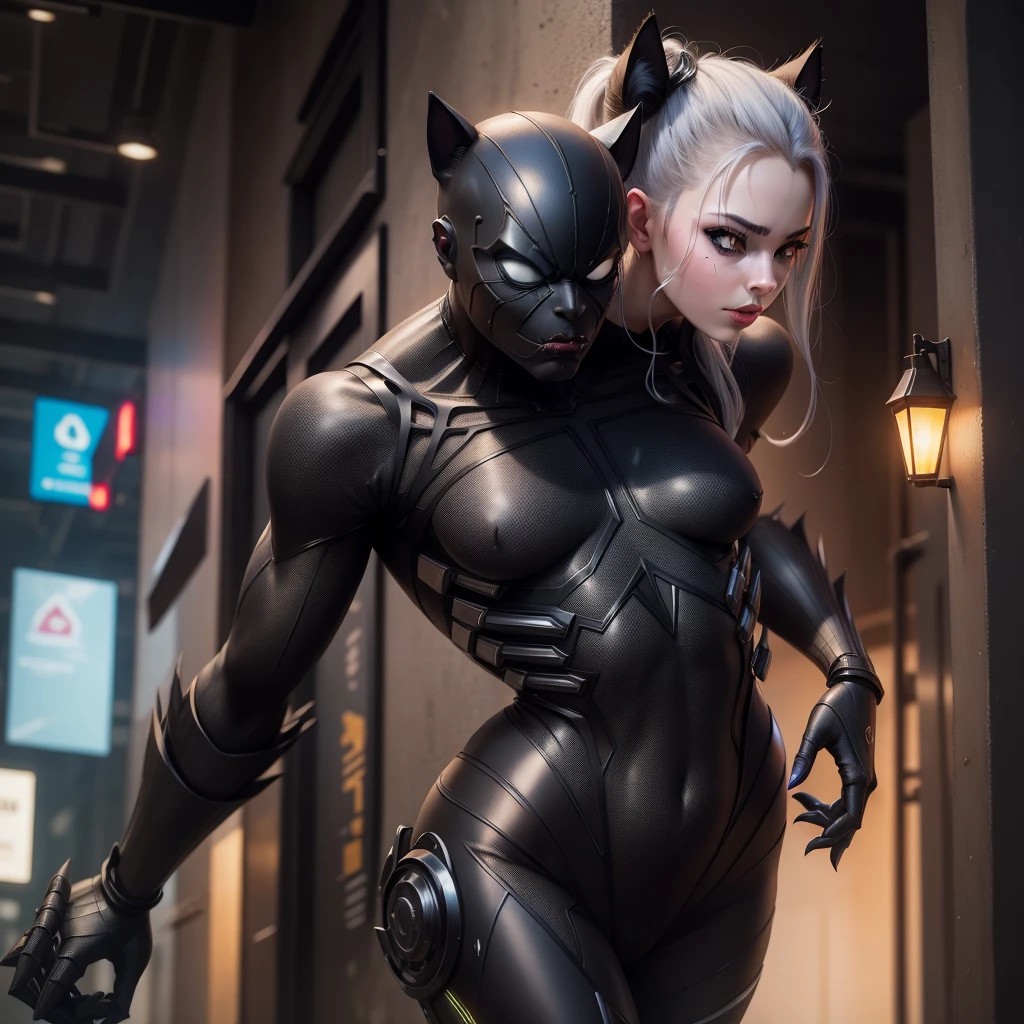 chat noir personnage Spiderman, comme un cyborg, style cyberpunk, Corps mécanique, visage organique, Dame transgenre sensuelle