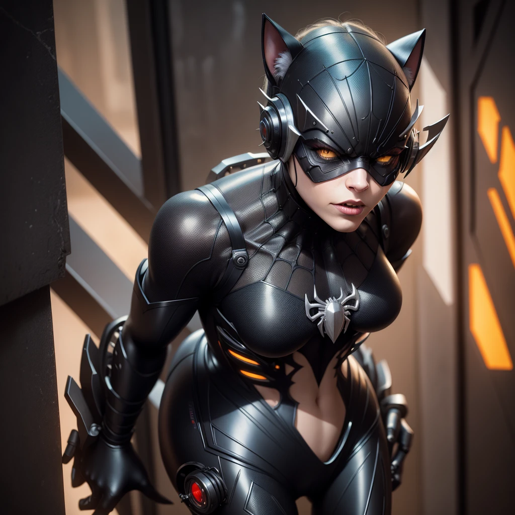 chat noir personnage Spiderman, comme un cyborg, style cyberpunk, Corps mécanique, visage organique, Dame transgenre sensuelle