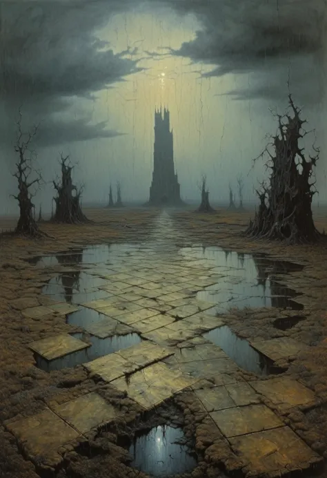 an infinite river of numbers, roam the barren land, towards an uncertain future, surreal and melancholic, author：zdzislaw beksiń...