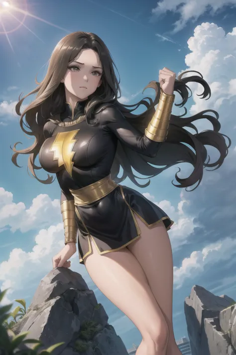 masterpiece, best quality,  mary marvel, black dress, black skirt, long sleeves, bracer, large breasts, skintight, wide hips, le...