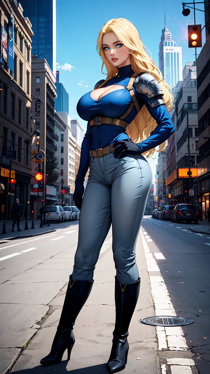 women, Blonde Long blond hair, Blue ,eyes, BLue body armor, gray Overall, big breast, blue leahter pants, black Long boots, standing in the City