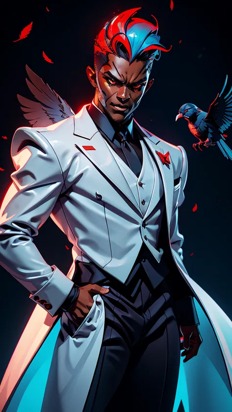 A captivating Dutch-shot of a dark-skinned villain boy with a white tuxedo, his magnificent red crystalline cyan eyes awakening ...