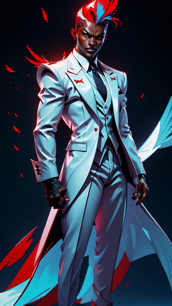 A captivating Dutch-shot of a dark-skinned villain boy with a white tuxedo, his magnificent red crystalline cyan eyes awakening and emitting a radiant reflective cyan light, against a background of falling crow's feathers, 4k, UHD, HDR, ultra-detailed, realistic, photorealistic, sharp focus, physically-based rendering, vivid colors, studio lighting, masterpiece