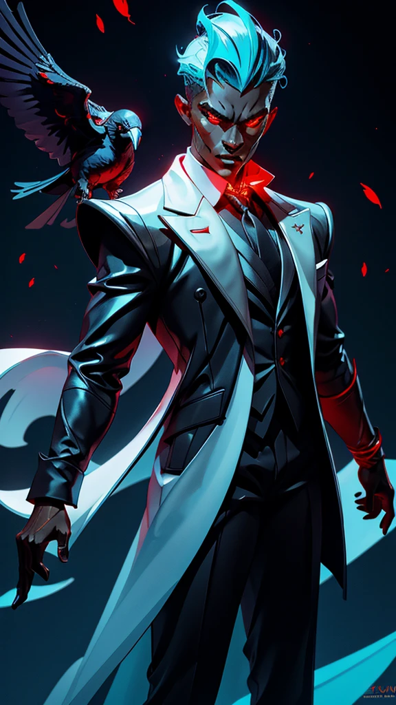 A captivating Dutch-shot of a dark-skinned villain boy with a white tuxedo, his magnificent red crystalline cyan eyes awakening and emitting a radiant reflective cyan light, against a background of falling crow's feathers, 4k, UHD, HDR, ultra-detailed, realistic, photorealistic, sharp focus, physically-based rendering, vivid colors, studio lighting, masterpiece